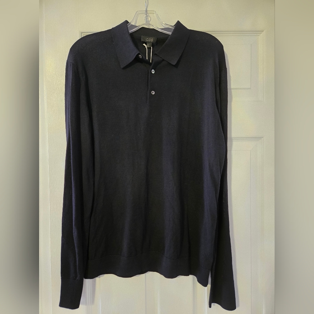 COS Navy Long Sleeve Polo, Size Large